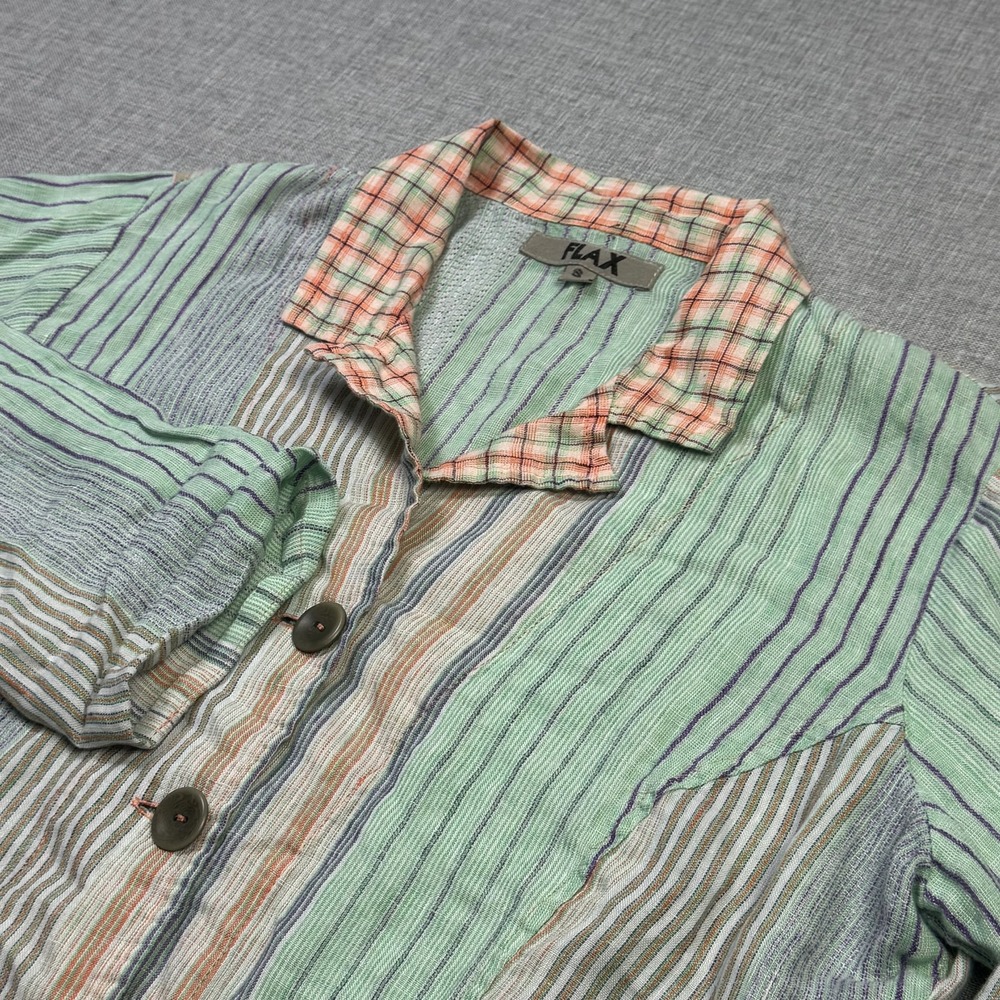 FLAX Linen Jacket Womens Small Green Striped Collared Lightweight Buttoned